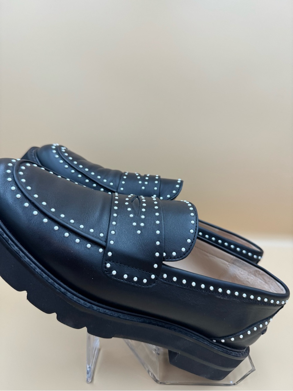Stuart Weitzman Parker Lift Mini Pearl Loafer Black Leather Lug Sole size EU 41